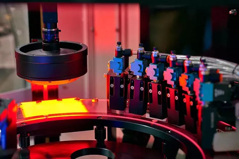 The image depicts equipment used in precision processing scenarios like semiconductor manufacturing. In such setups, 90 - degree right - angle cameras (e.g., right - angle industrial cameras) offer notable advantages. Their right - angle design allows flexible installation in compact, complex layouts, as seen with the limited internal space here—they can utilize corners and narrow areas without interfering with other precision components, saving layout space. They provide a unique viewing angle, enabling accurate capture of details on the sides and vertical surfaces of items like wafers and precision valve groups in the image. This achieves 90 - degree vertical - angle detection, difficult for ordinary cameras, to obtain clear images from distinct dimensions for precise quality control. Moreover, compared to regular cameras, they’re better at avoiding moving parts and light paths of the equipment during placement, reducing mutual occlusion with surrounding components and ensuring stable imaging, even with robotic arms and pipelines present as in the picture, allowing continuous and stable image collection.