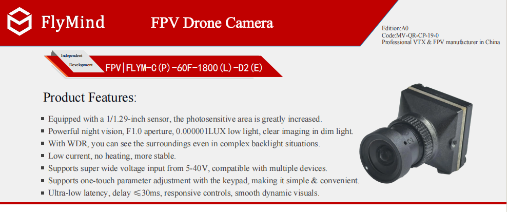 FlyMind FPV Camera 1800TVL Black Light Night Vision Camera for Drones (NTSC/PAL)