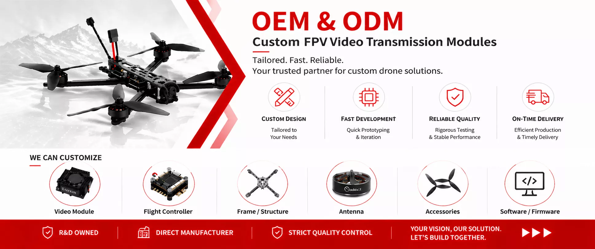 Flymind can provide OEM/ODM Service for VTX model & FPV camera for drone parts. If you want to find durable supplier, Flymind is your best choice.
