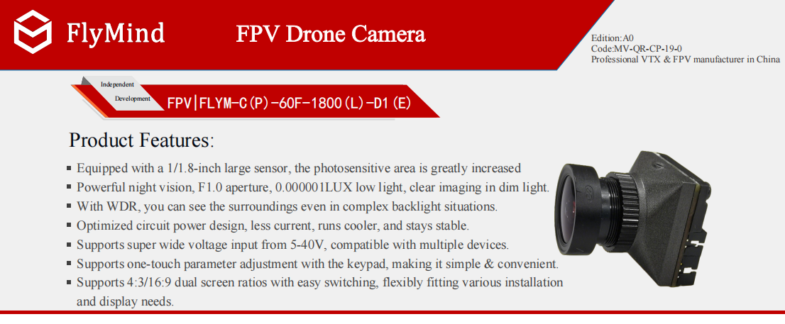 FlyMind FPV Camera 1800TVL Night Vision FPV Drone Camera
