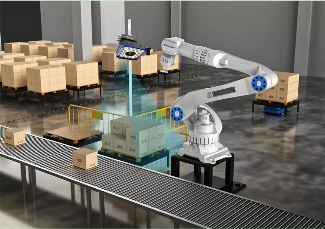 This is an intelligent warehousing and logistics scenario, showcasing an industrial robot (robotic arm) operating in a logistics warehouse. In the scene, the intelligent industrial camera, serving as a crucial visual perception device, acts like the “eyes” of the robotic arm. Relying on high - precision image acquisition and intelligent algorithms, it scans and recognizes the goods on the conveyor belt and in the pallet area. It can quickly capture the appearance features, barcode information, etc. of the goods, accurately locate the position and posture of the goods, and then transmit the data to the robotic arm control system in real - time. Based on this information, the robotic arm accurately performs grasping actions and orderly completes processes such as goods sorting and handling, with the whole process being smooth and efficient. This collaborative mode of the robotic arm and the intelligent industrial camera deeply embodies the logic of automated and intelligent logistics operations, greatly improving the efficiency of warehousing and logistics. It is a typical embodiment of the application of automated equipment in Industry 4.0 and smart logistics, effectively reducing manual operations, optimizing the warehousing process, and promoting the upgrading of the logistics warehousing link towards a more intelligent and precise direction.
